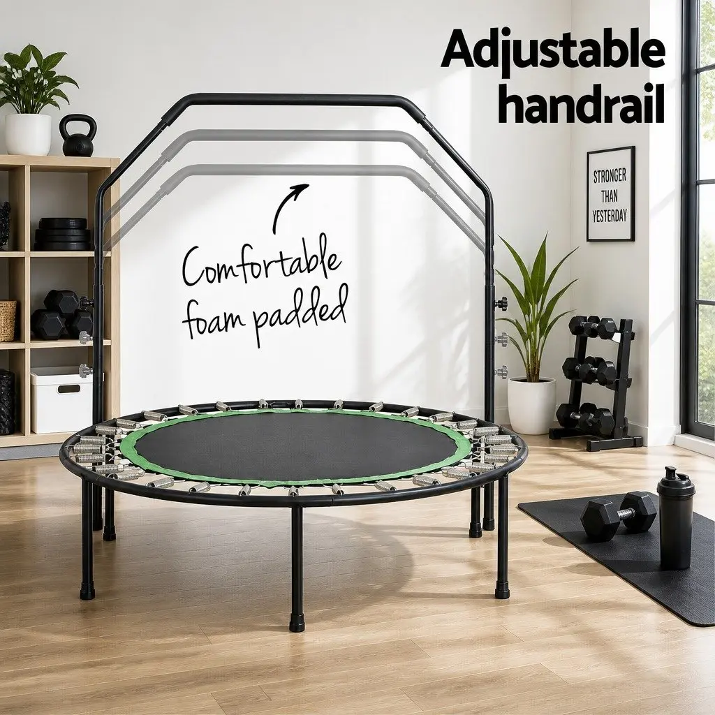 Round Fitness Trampoline 48 Inch Rebounder Adjustable Handrail Home Gym Exercise