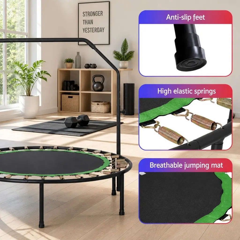 Round Fitness Trampoline 48 Inch Rebounder Adjustable Handrail Home Gym Exercise