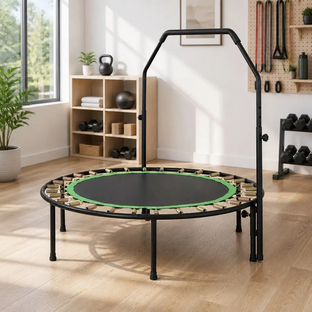 Round Fitness Trampoline 48 Inch Rebounder Adjustable Handrail Home Gym Exercise
