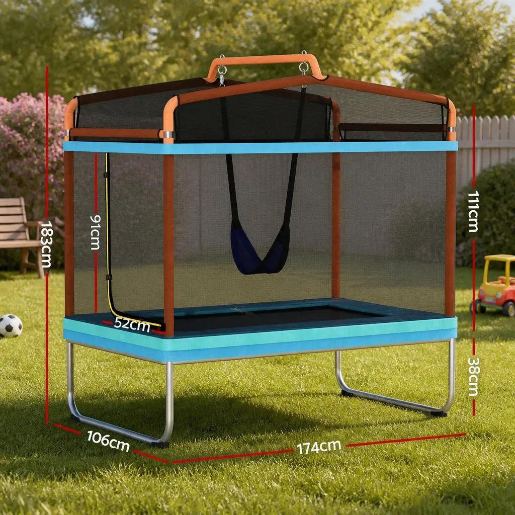 6FT Kids Rectangle Trampoline with Swing Enclosure Safety Net and Anti-Graze UV-Resistant Jumping Mat