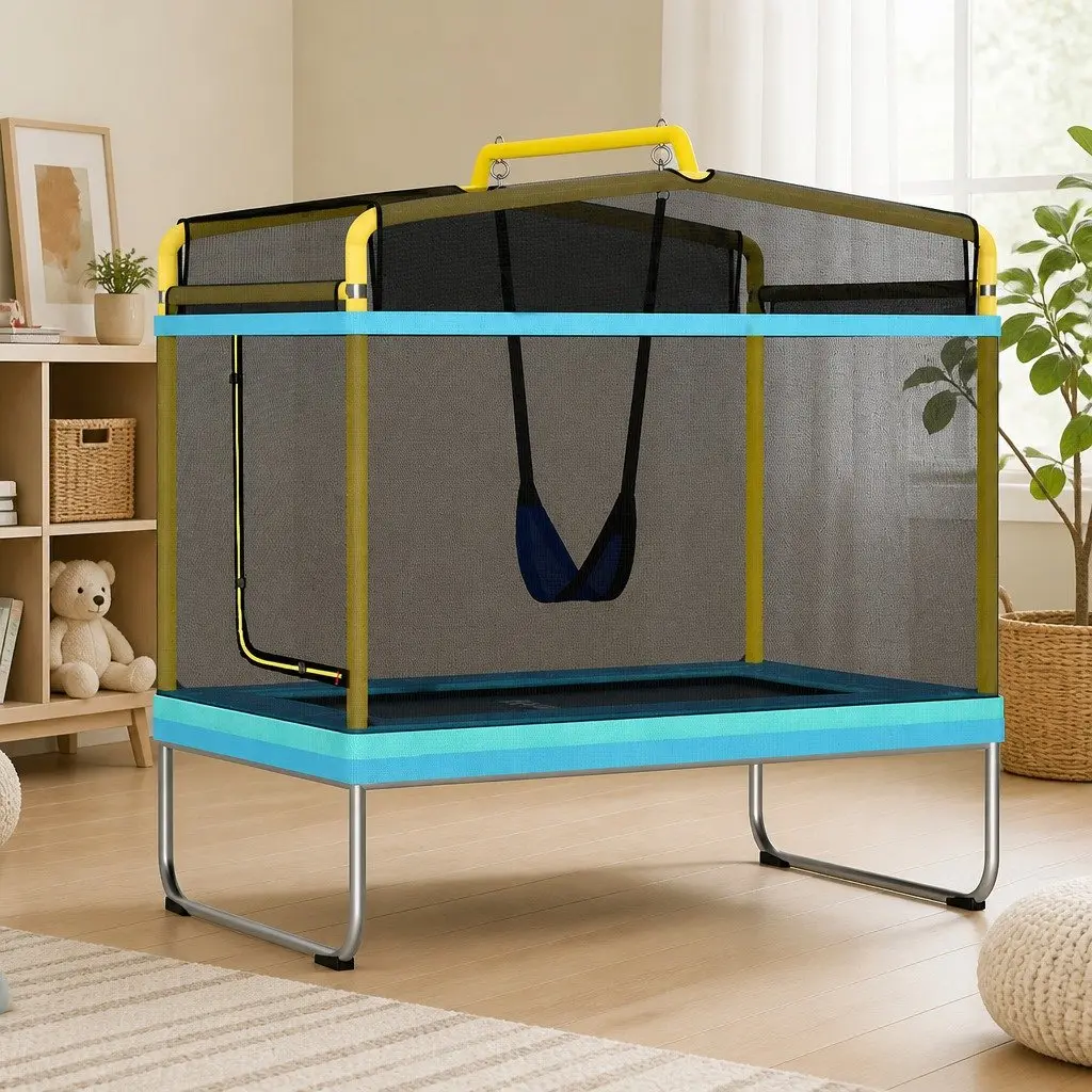 Kids Trampoline and Swing Combo with Safety Enclosure 6FT Blue Yellow