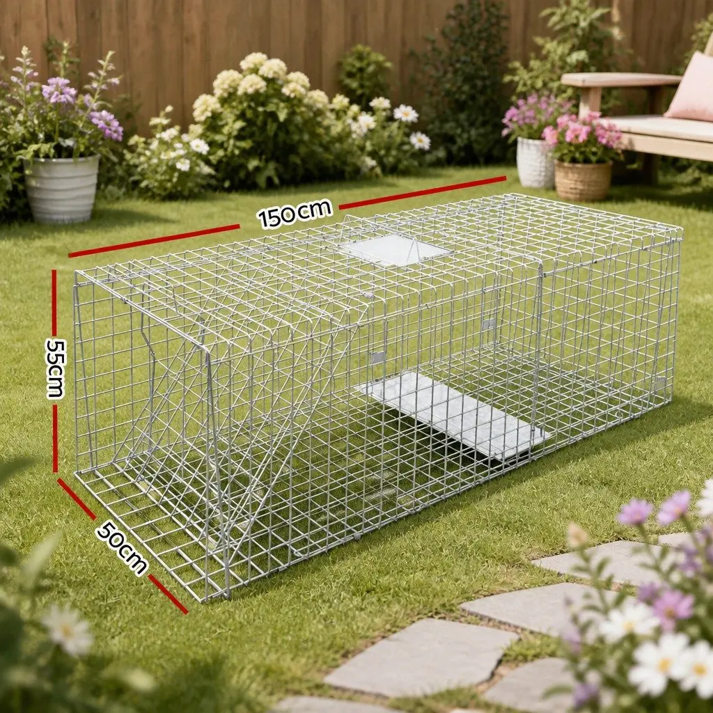 Large Humane Animal Trap Cage Possum Pest Control Collapsible 150x50cm Silver