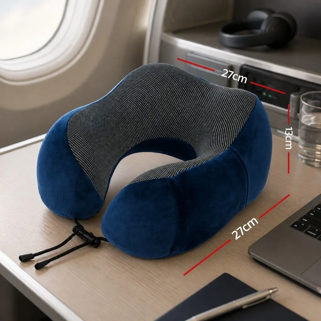 Travel Neck Pillow Memory Foam Blue Portable Airplane Pillow with Storage Bag