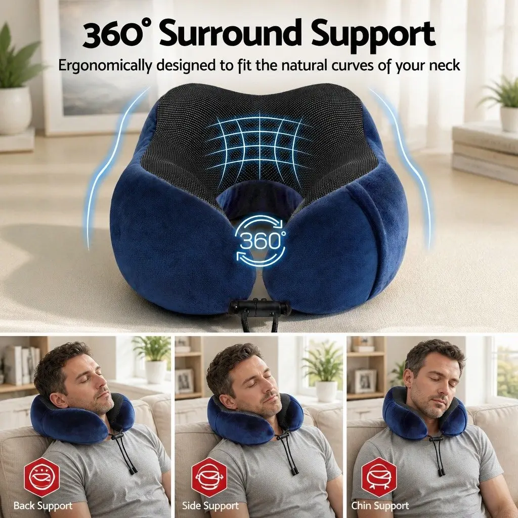 Travel Neck Pillow Memory Foam Blue Portable Airplane Pillow with Storage Bag