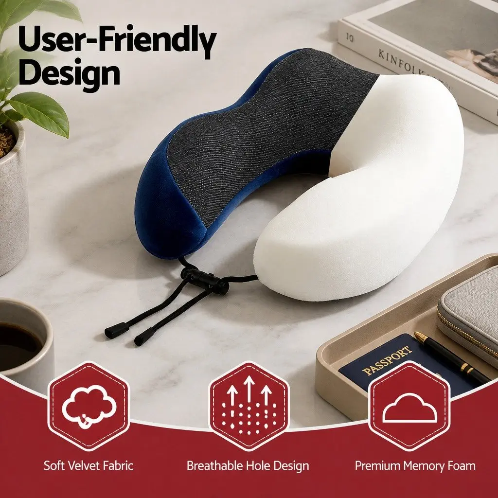 Travel Neck Pillow Memory Foam Blue Portable Airplane Pillow with Storage Bag