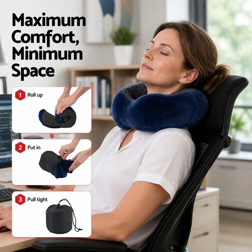 Travel Neck Pillow Memory Foam Blue Portable Airplane Pillow with Storage Bag
