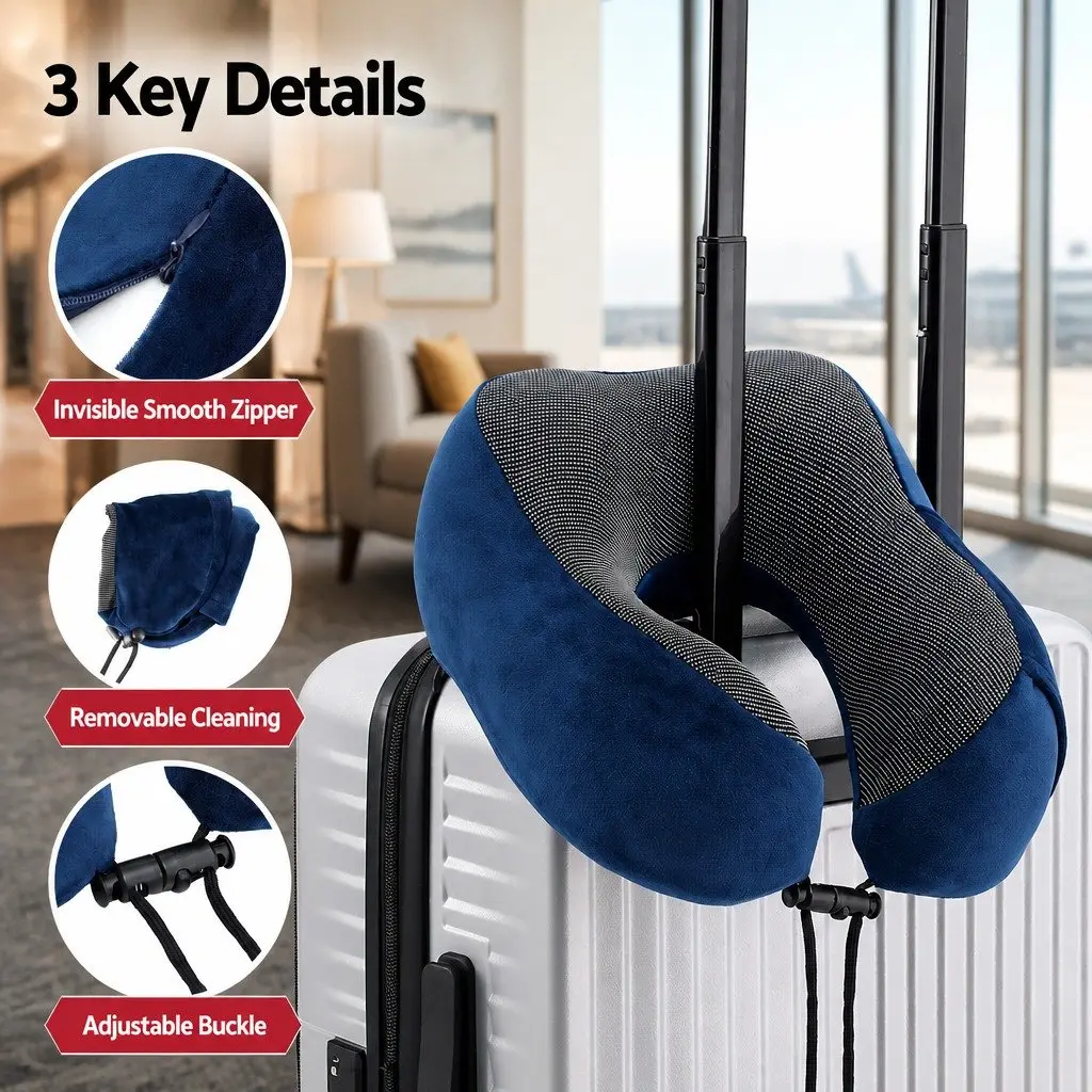 Travel Neck Pillow Memory Foam Blue Portable Airplane Pillow with Storage Bag