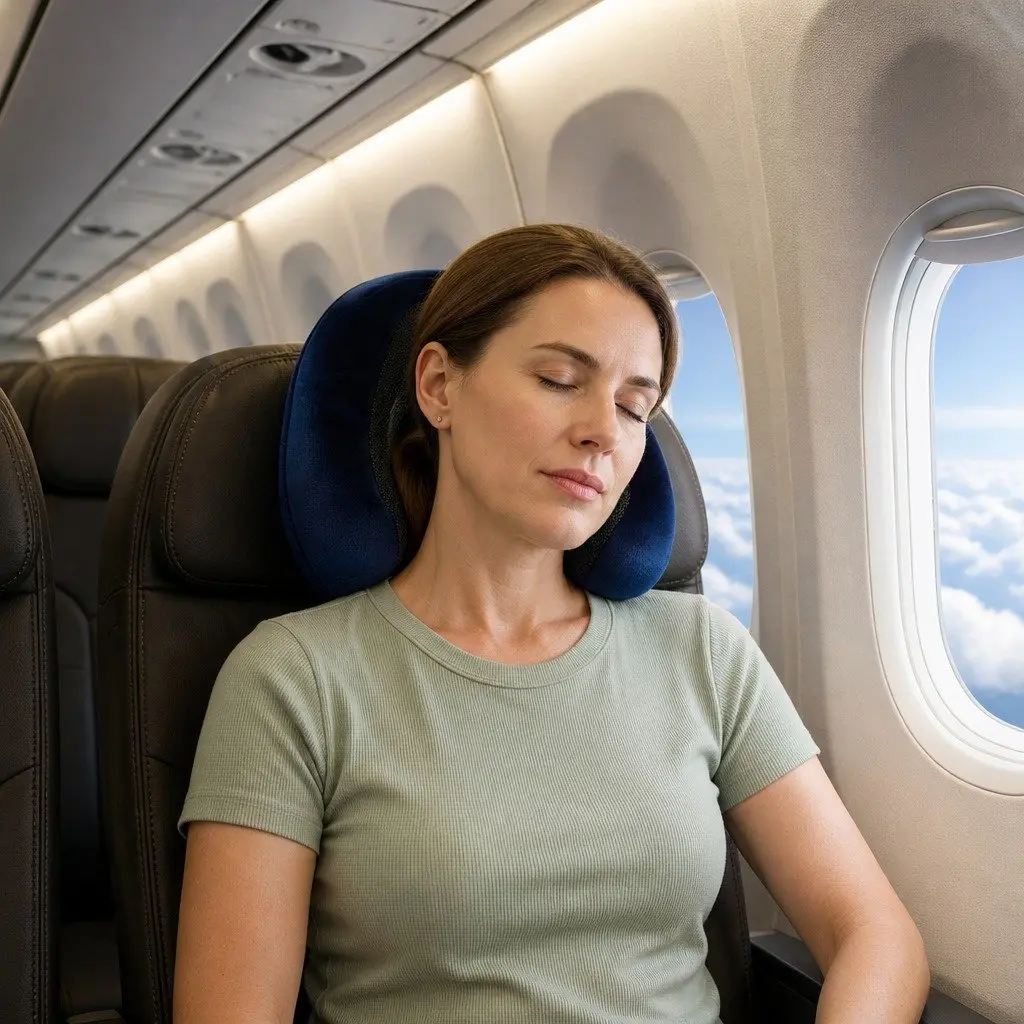 Travel Neck Pillow Memory Foam Blue Portable Airplane Pillow with Storage Bag
