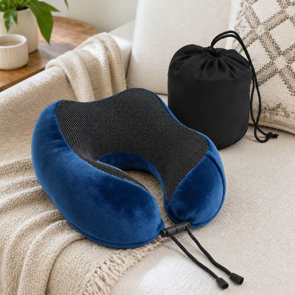 Travel Neck Pillow Memory Foam Blue Portable Airplane Pillow with Storage Bag