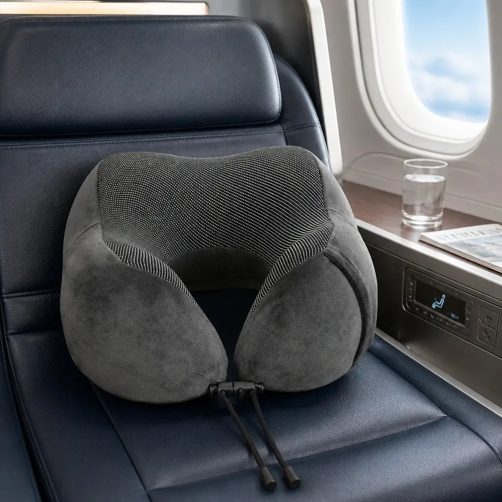 Travel Neck Pillow Memory Foam Grey Portable Airplane Car Office Pillow with