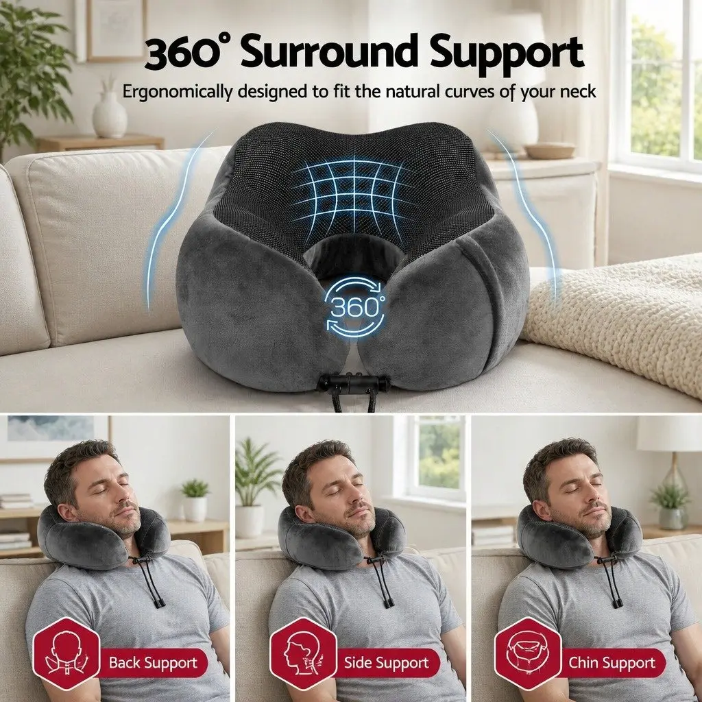 Travel Neck Pillow Memory Foam Grey Portable Airplane Car Office Pillow with