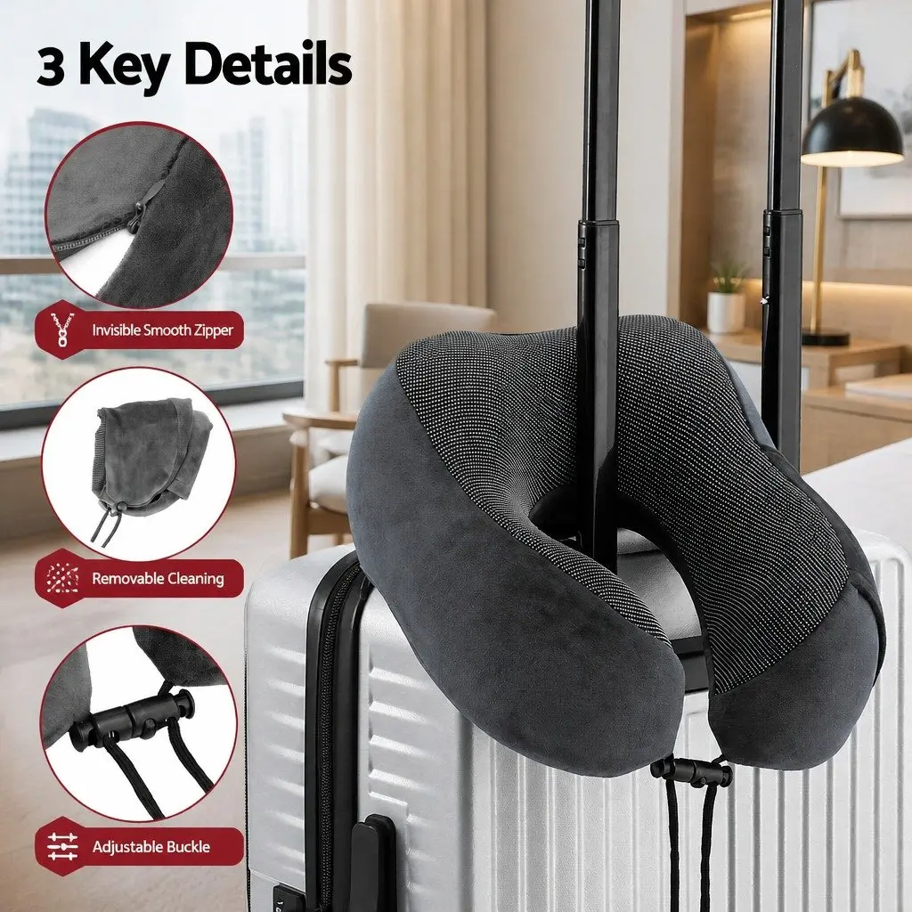 Travel Neck Pillow Memory Foam Grey Portable Airplane Car Office Pillow with