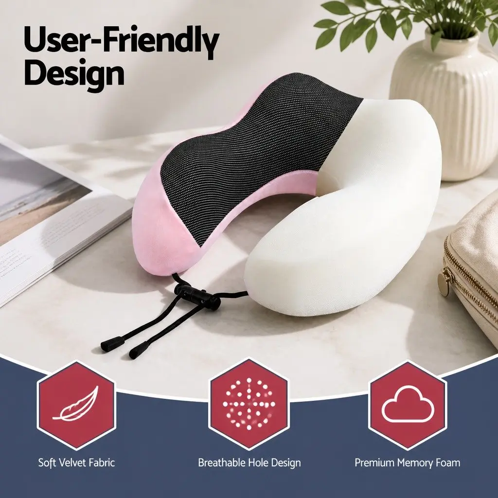 Travel Neck Pillow Memory Foam Portable Airplane Pillow with Storage Bag Pink