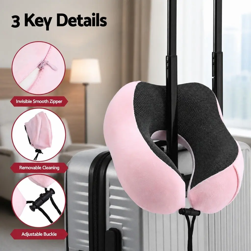 Travel Neck Pillow Memory Foam Portable Airplane Pillow with Storage Bag Pink