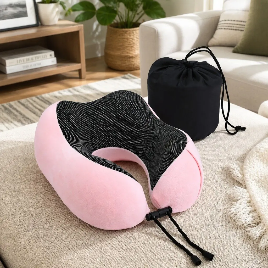 Travel Neck Pillow Memory Foam Portable Airplane Pillow with Storage Bag Pink