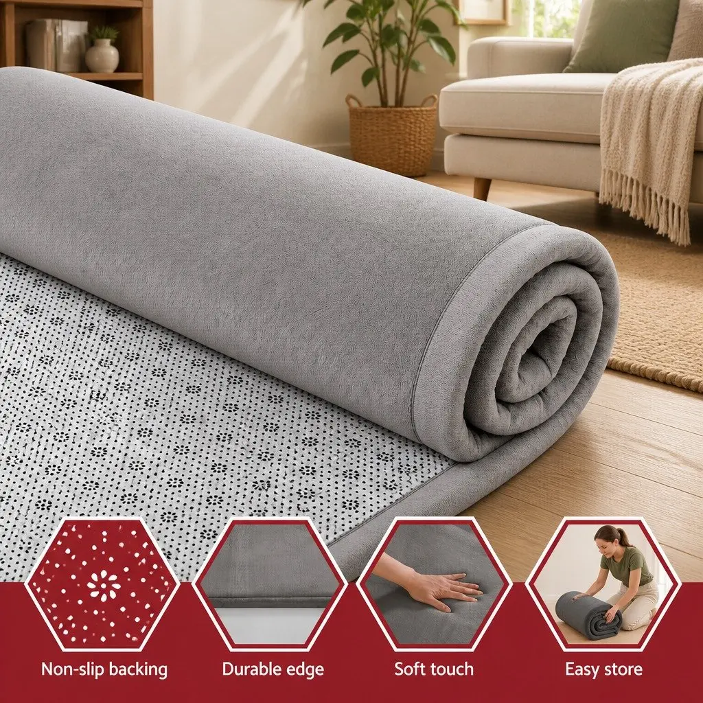 Tatami Floor Mat Grey 200cm x 200cm Coral Velvet Foam Cushion