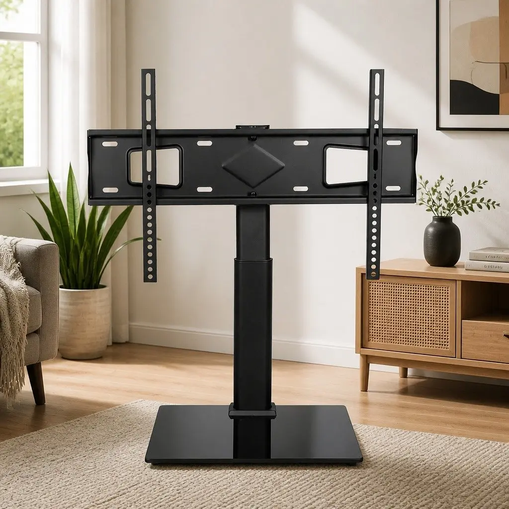 TV Stand Adjustable Height Swivel Tilt for 32-75 Inch TVs with Tempered Glass Base and Steel Construction