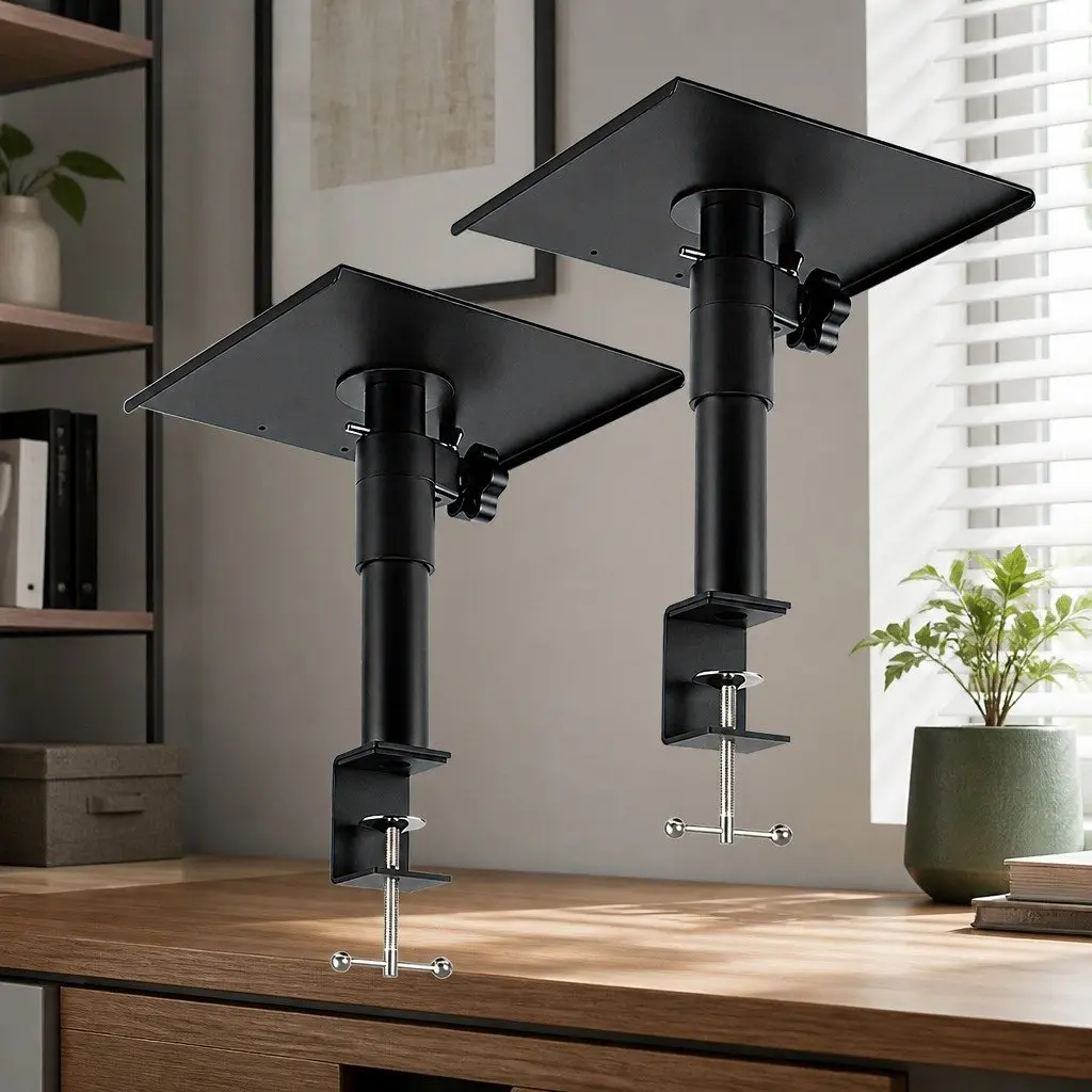Desk Clamp Speaker Stands Adjustable Height 23-35cm with 360° Rotation for Studio Audio Setup