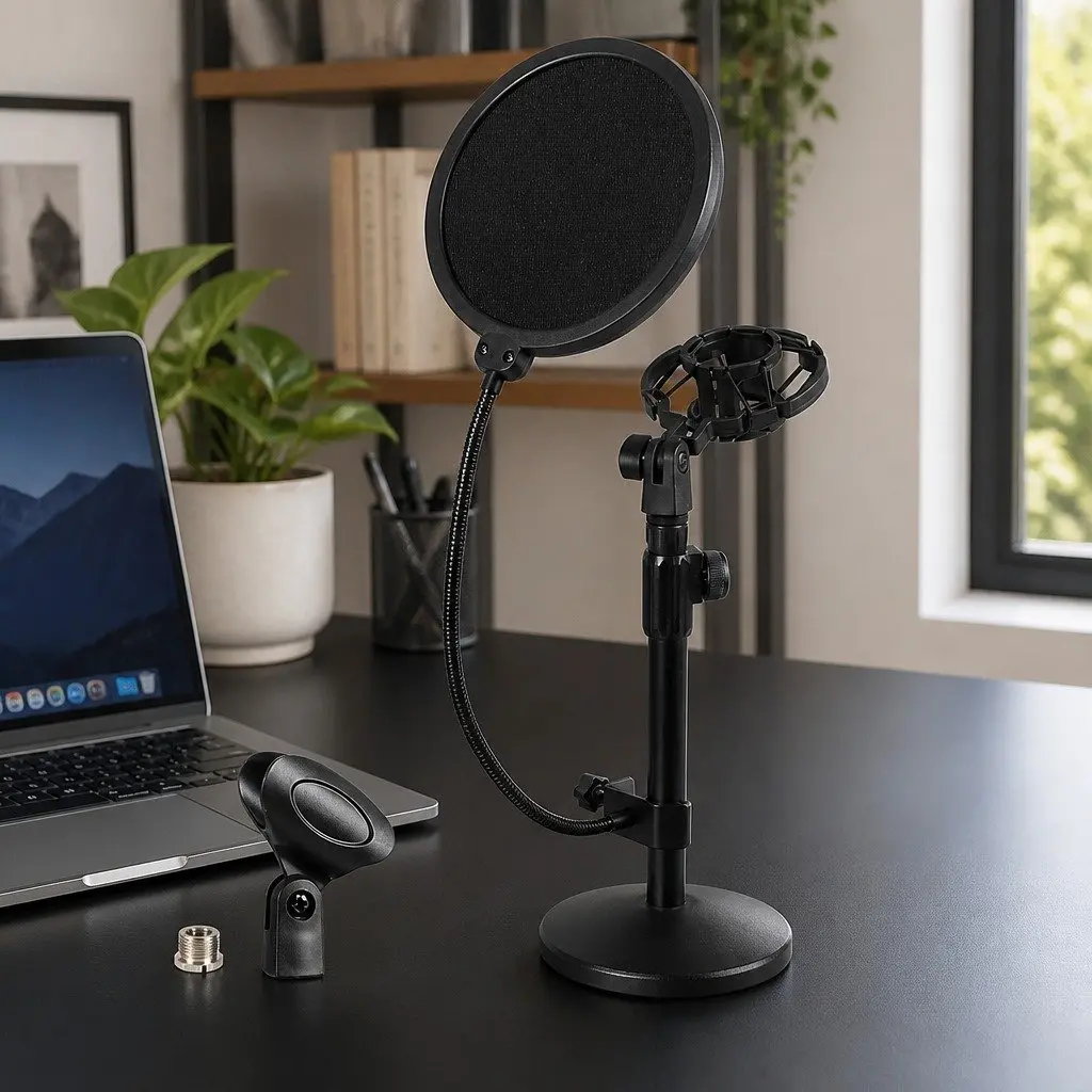 Desktop Microphone Stand Adjustable Height 30-42cm Gooseneck 34cm with Pop Filter Shock Mount Weighted Base