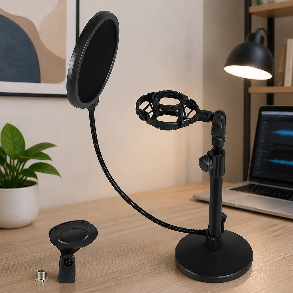 Desktop Microphone Stand Adjustable Height 30-42cm Gooseneck 34cm with Pop Filter Shock Mount Weighted Base