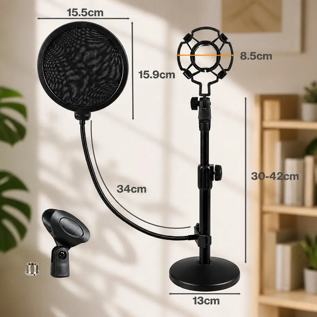 Desktop Microphone Stand Adjustable Height 30-42cm Gooseneck 34cm with Pop Filter Shock Mount Weighted Base