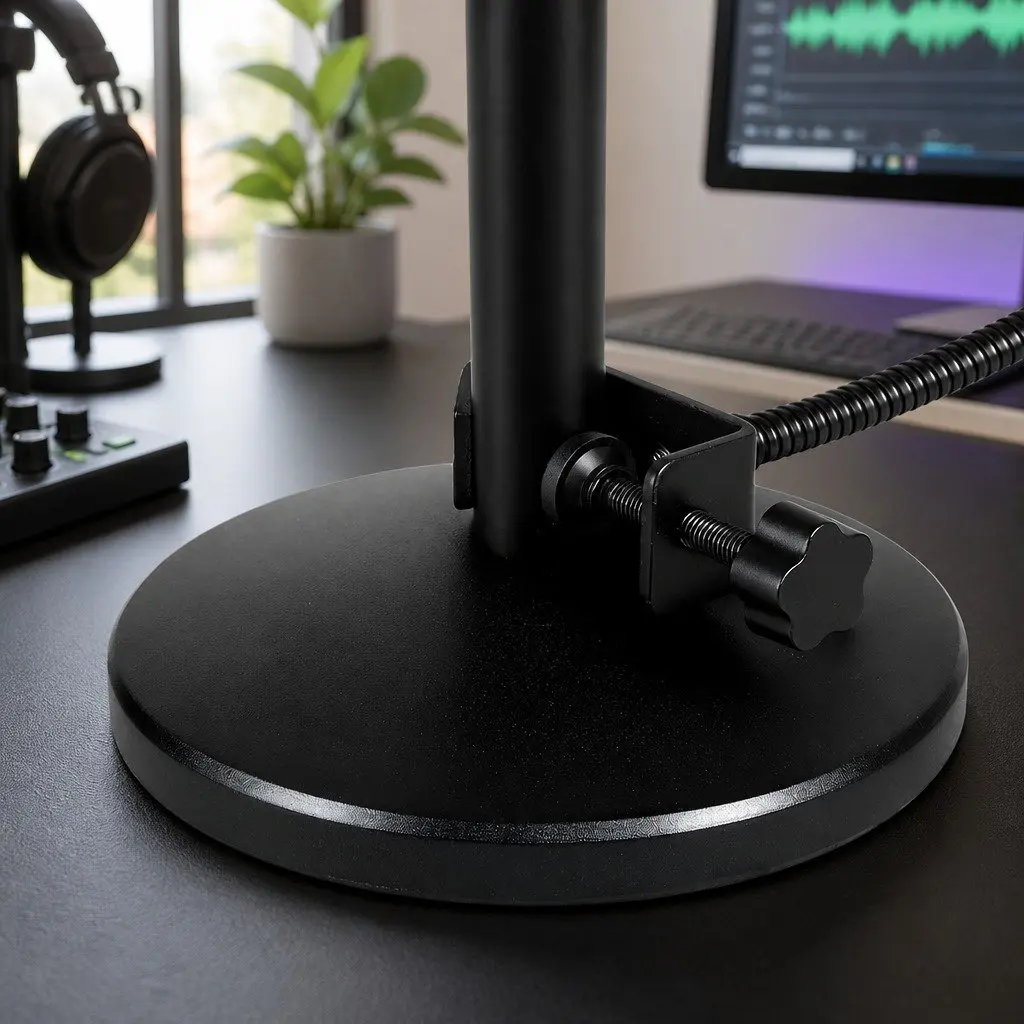 Desktop Microphone Stand Adjustable Height 30-42cm Gooseneck 34cm with Pop Filter Shock Mount Weighted Base