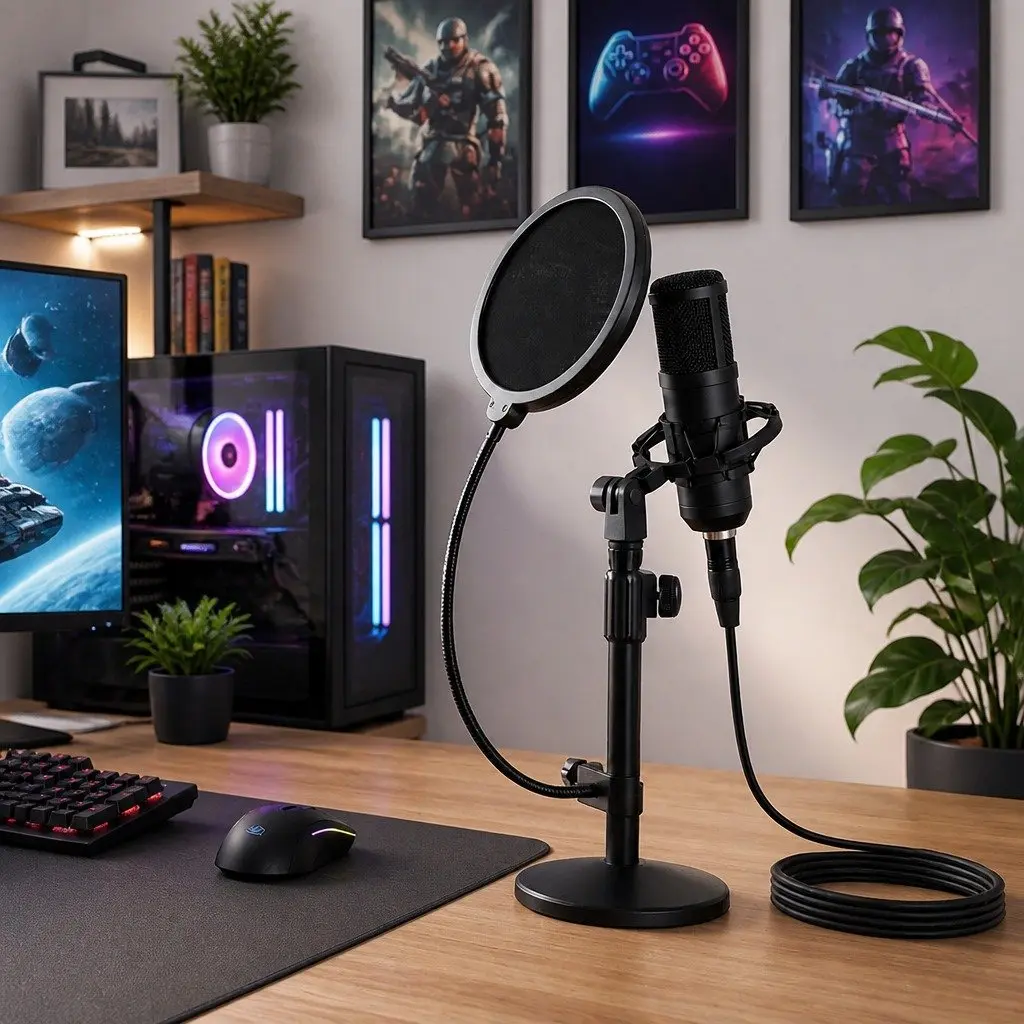 Desktop Microphone Stand Adjustable Height 30-42cm Gooseneck 34cm with Pop Filter Shock Mount Weighted Base