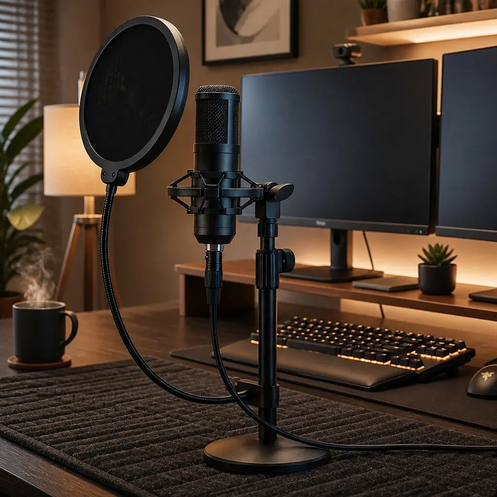 Desktop Microphone Stand Adjustable Height 30-42cm Gooseneck 34cm with Pop Filter Shock Mount Weighted Base