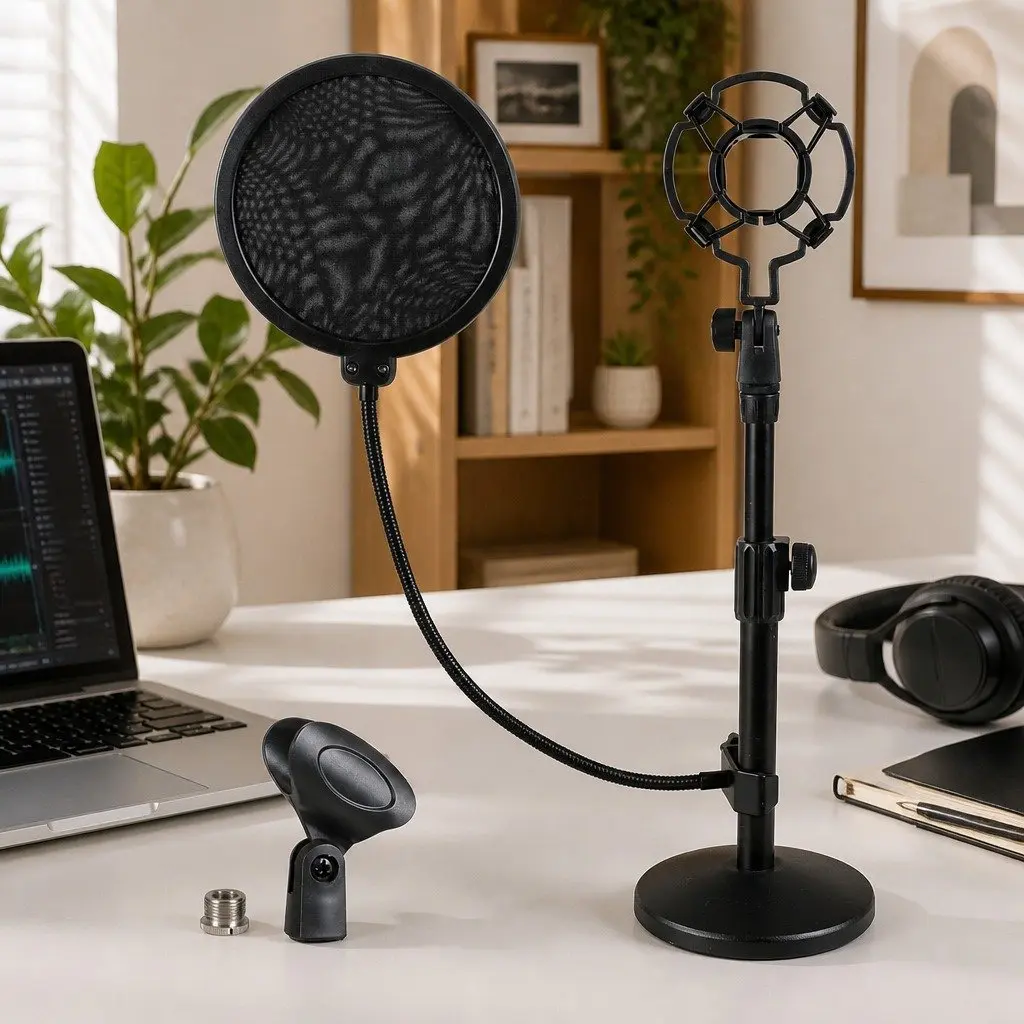 Desktop Microphone Stand Adjustable Height 30-42cm Gooseneck 34cm with Pop Filter Shock Mount Weighted Base