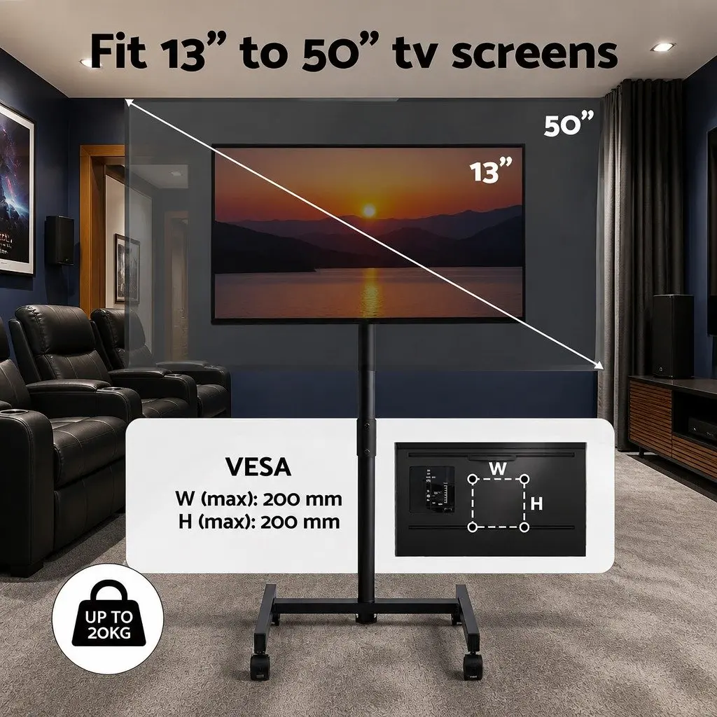 TV Stand Adjustable Height Tilt 13-50 Inch Mobile Black