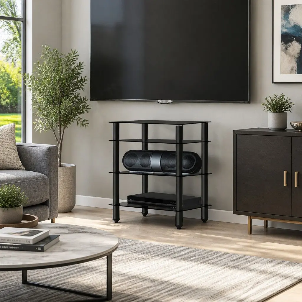 TV Stand 4 Tier Black Glass Shelves Media Storage Entertainment Rack Unit