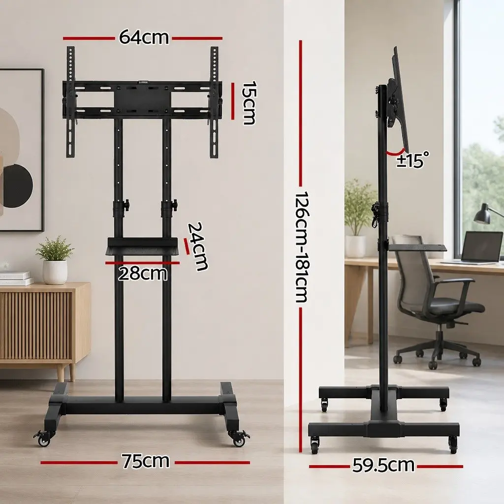 Mobile TV Stand Floor Mount Bracket Portable Trolley Cart Adjustable Height 23 to 65 Inch Screens