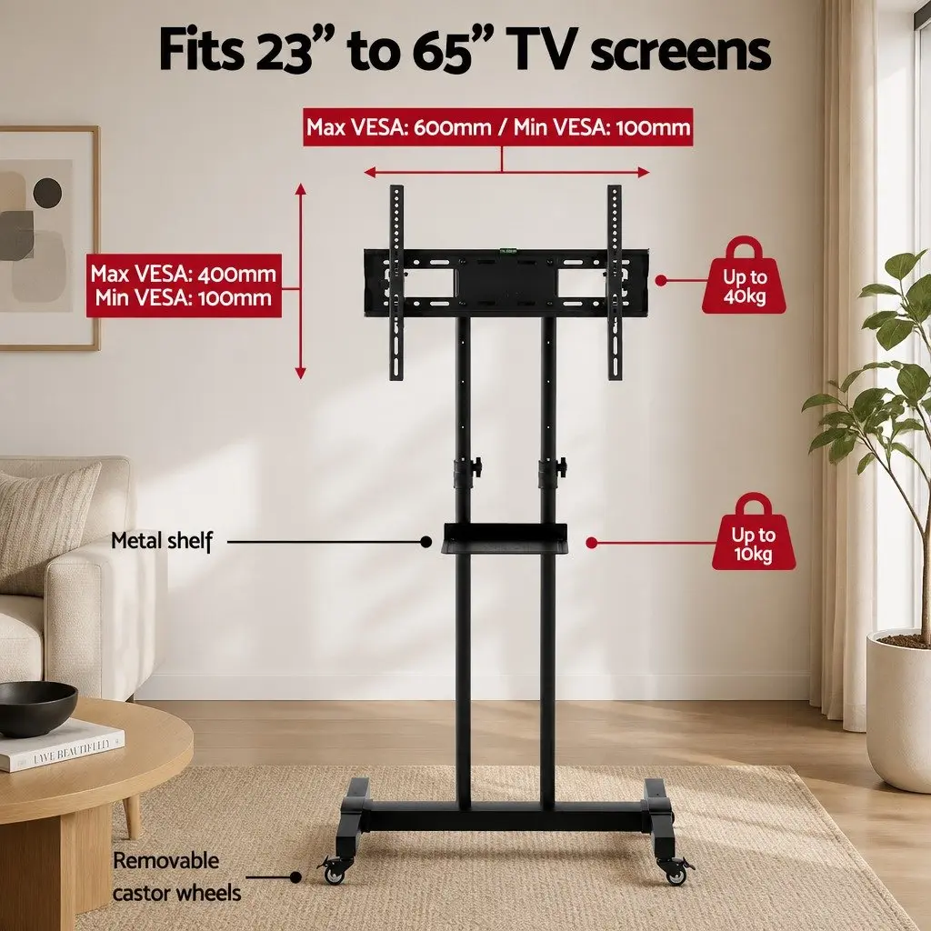 Mobile TV Stand Floor Mount Bracket Portable Trolley Cart Adjustable Height 23 to 65 Inch Screens