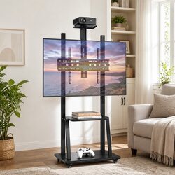TV Stand 32-70 inch Universal Mobile Adjustable Height Black Steel Frame with