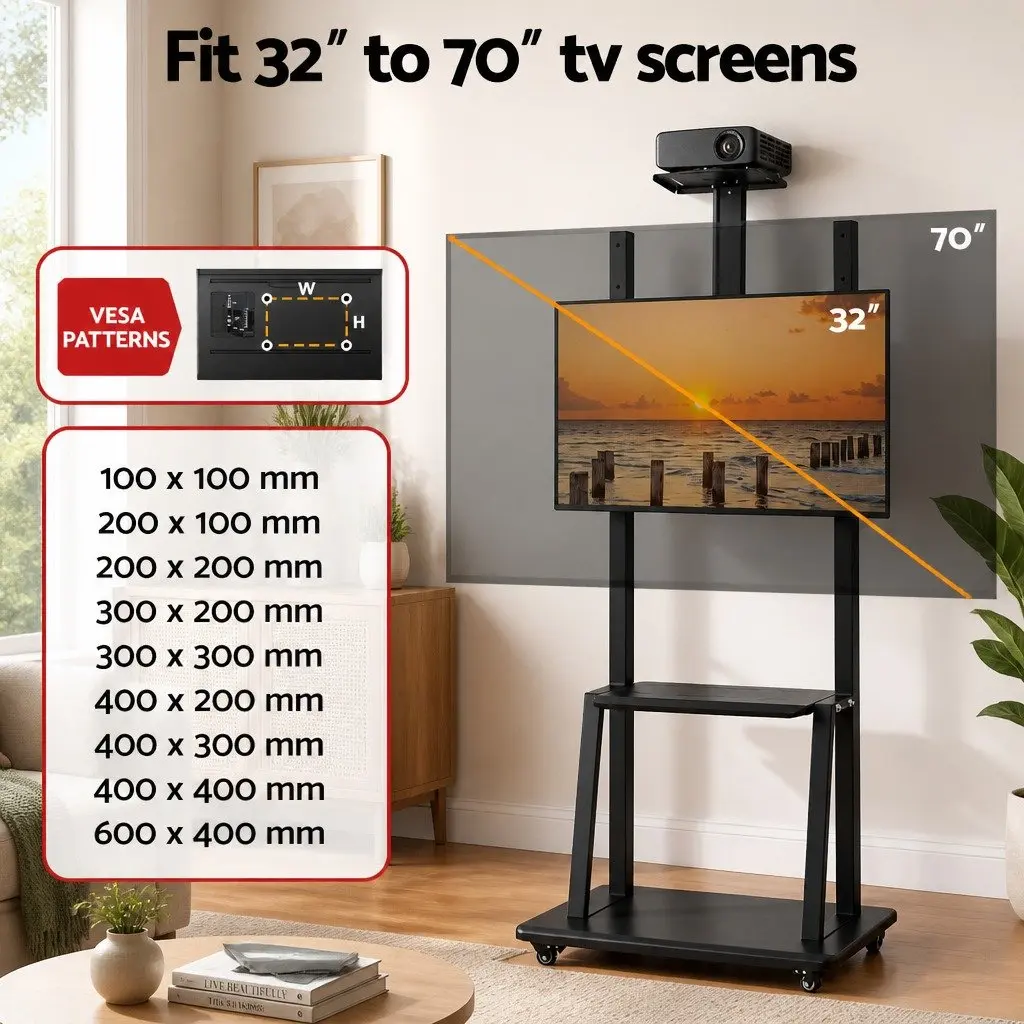 Universal TV Stand Adjustable Height Black Steel Frame for 32-70 Inch TVs