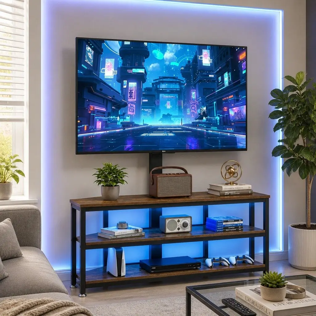 Corner TV Stand with LED Lights for 32-70 Inch TVs Freestanding Adjustable Height