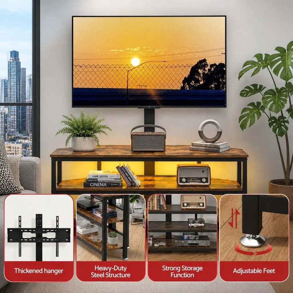 Corner TV Stand with LED Lights for 32-70 Inch TVs Freestanding Adjustable Height