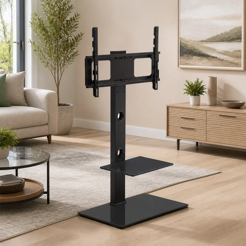 TV Floor Stand Mount Bracket 32"-70" LED LCD 2 Tier Storage Shelf Swivel
