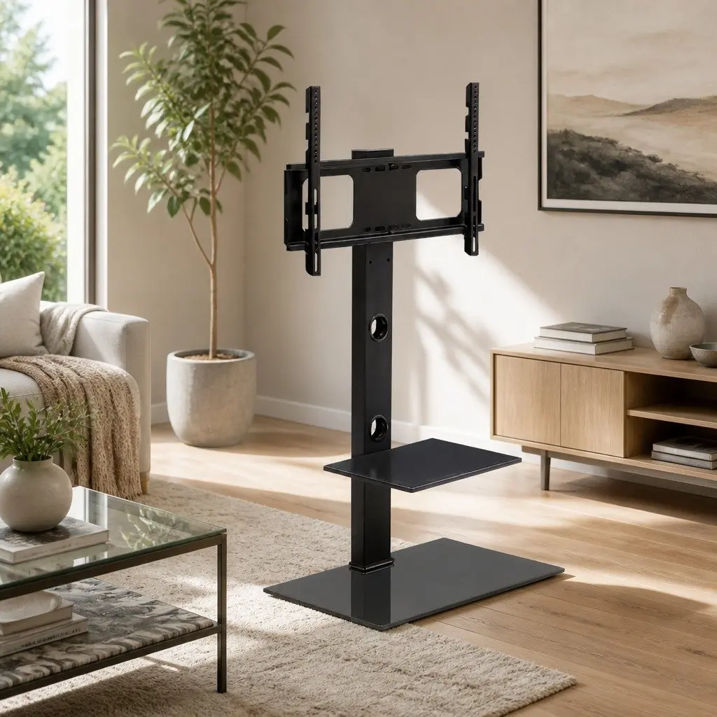 TV Floor Stand Mount Bracket Swivel 32"-70" with 2 Tier Storage Shelf Adjustable Height Black
