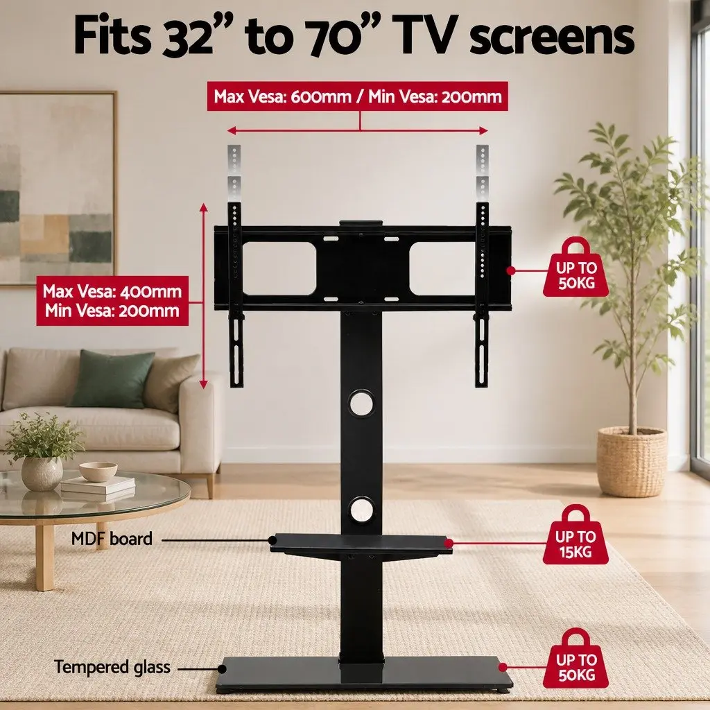 TV Floor Stand Mount Bracket Swivel 32"-70" with 2 Tier Storage Shelf Adjustable Height Black
