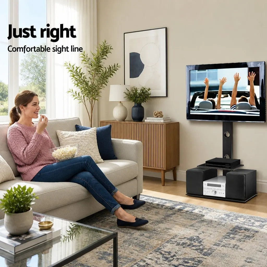 TV Floor Stand Mount Bracket Swivel 32"-70" with 2 Tier Storage Shelf Adjustable Height Black