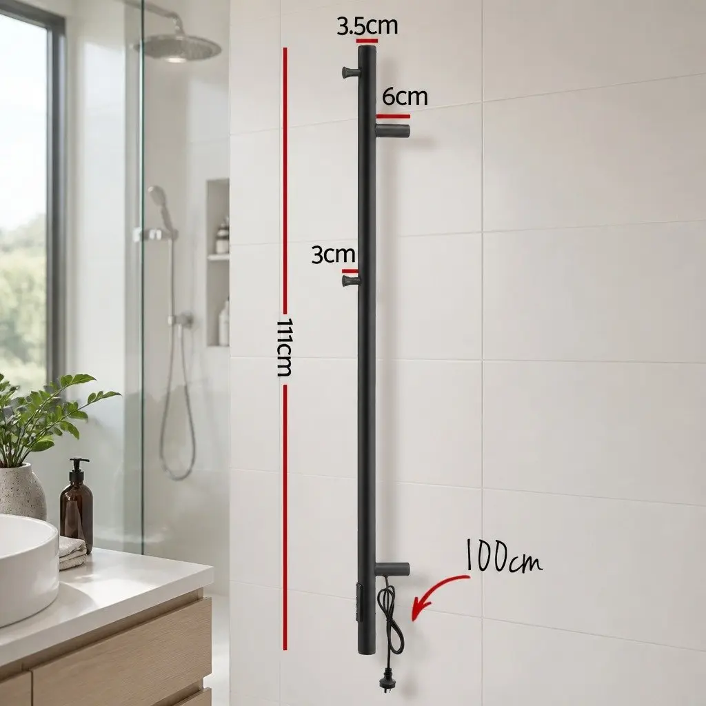 Heated Towel Rail Electric Warmer Rack Vertical Single Bar Black