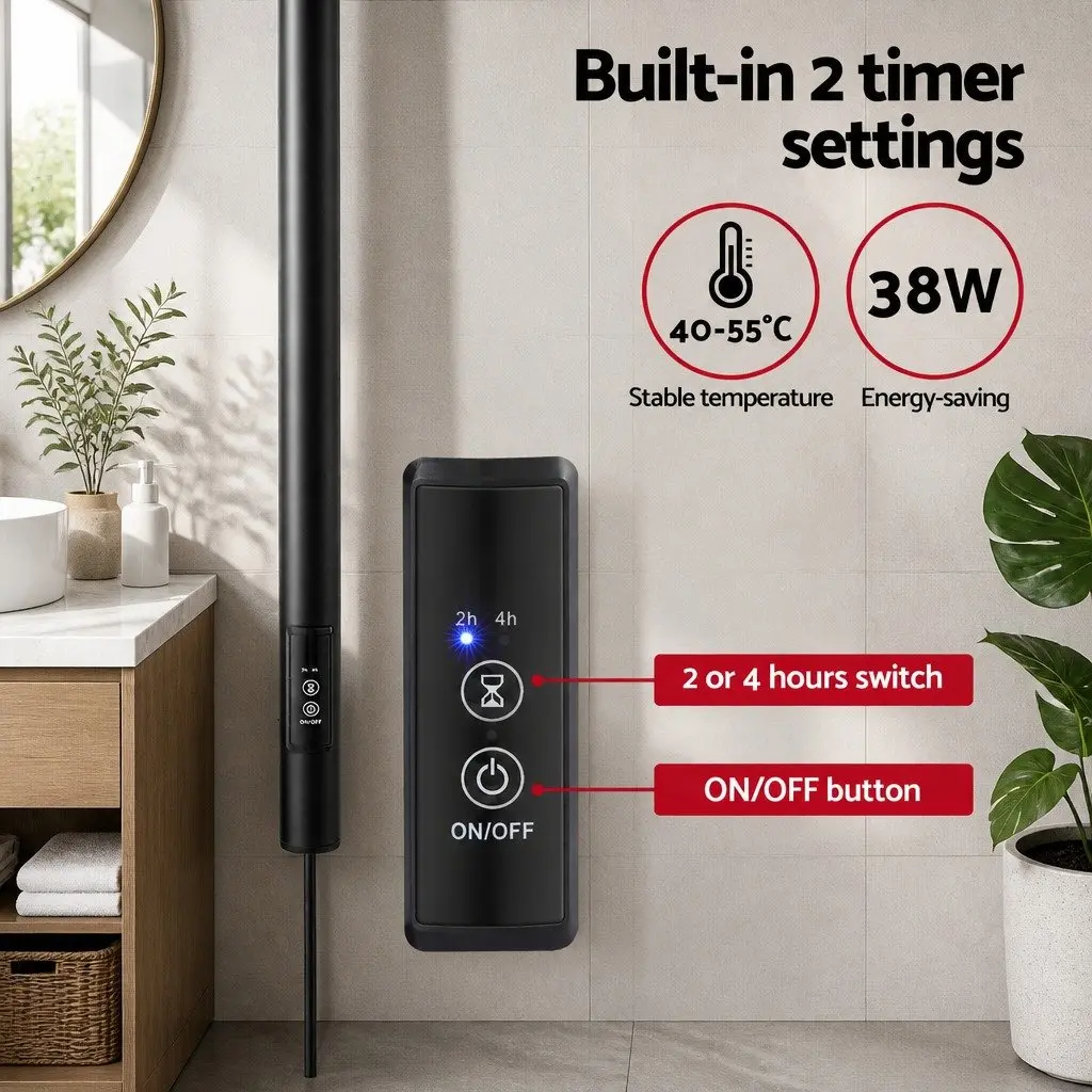 Heated Towel Rail Electric Warmer Rack Vertical Single Bar Black