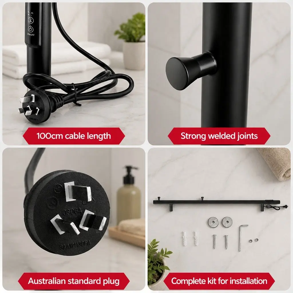 Heated Towel Rail Electric Warmer Rack Vertical Single Bar Black