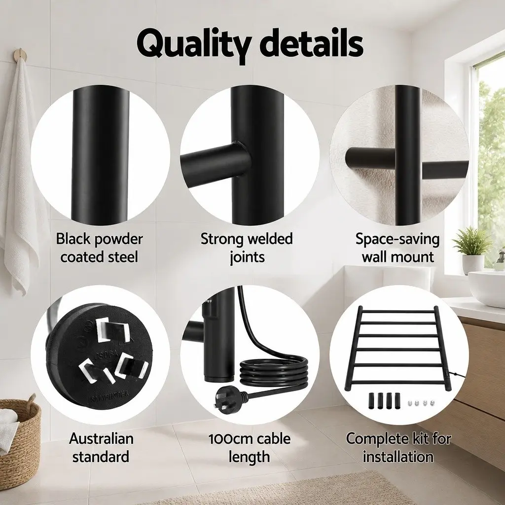 Heated Towel Rail 6 Round Bars Electric Warmer Rack with Timer Black