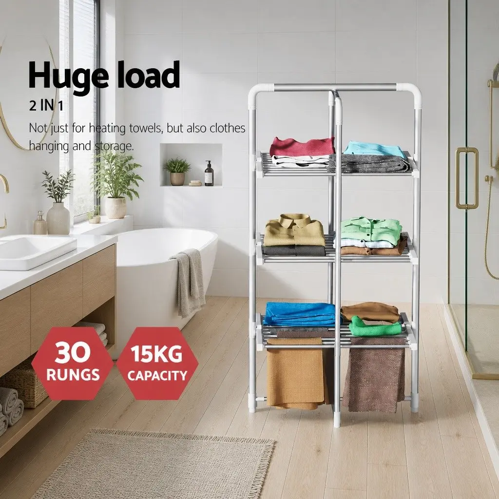 Electric Heated Towel Rail Rack 30 Bars Foldable Clothes Dryer Warmer Silver