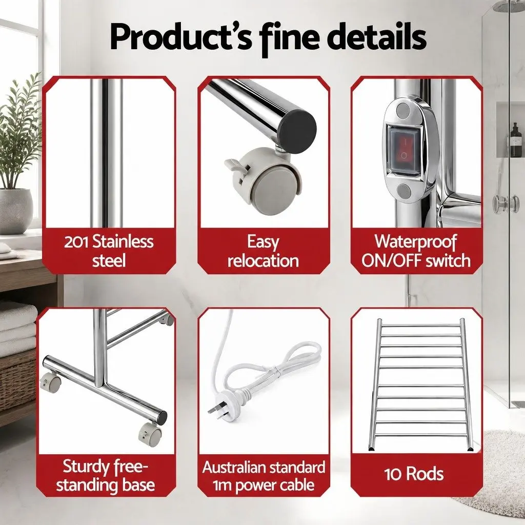 Heated Towel Rail Freestanding 10-Bar Stainless Steel 53cm x 39cm x 98cm