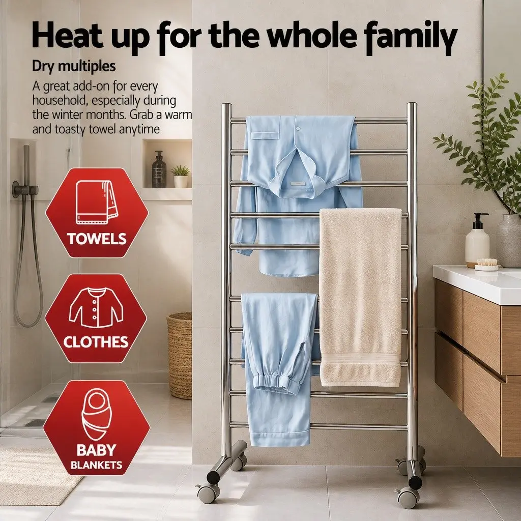 Heated Towel Rail Freestanding 10-Bar Stainless Steel 53cm x 39cm x 98cm