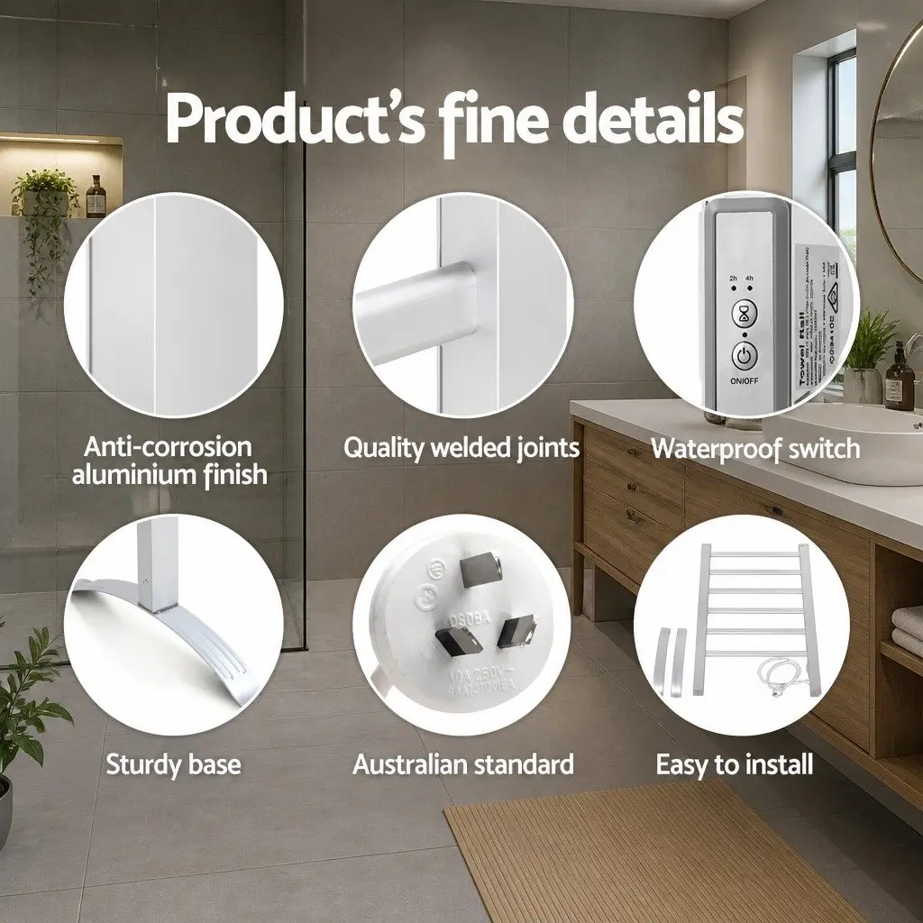 Electric Heated Towel Rail 6 Bars Timer Clothes Drying Rack Warmer Silver
