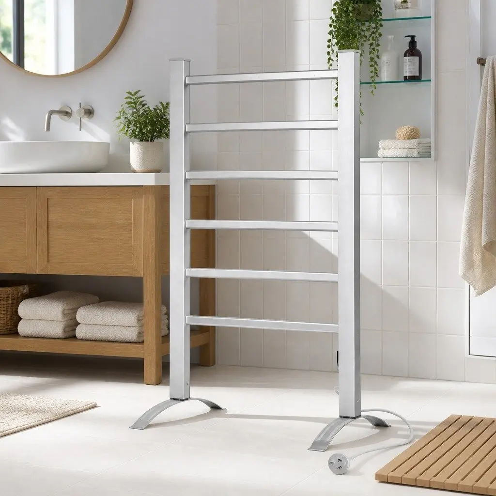 Electric Heated Towel Rail 6 Bars Timer Clothes Drying Rack Warmer Silver